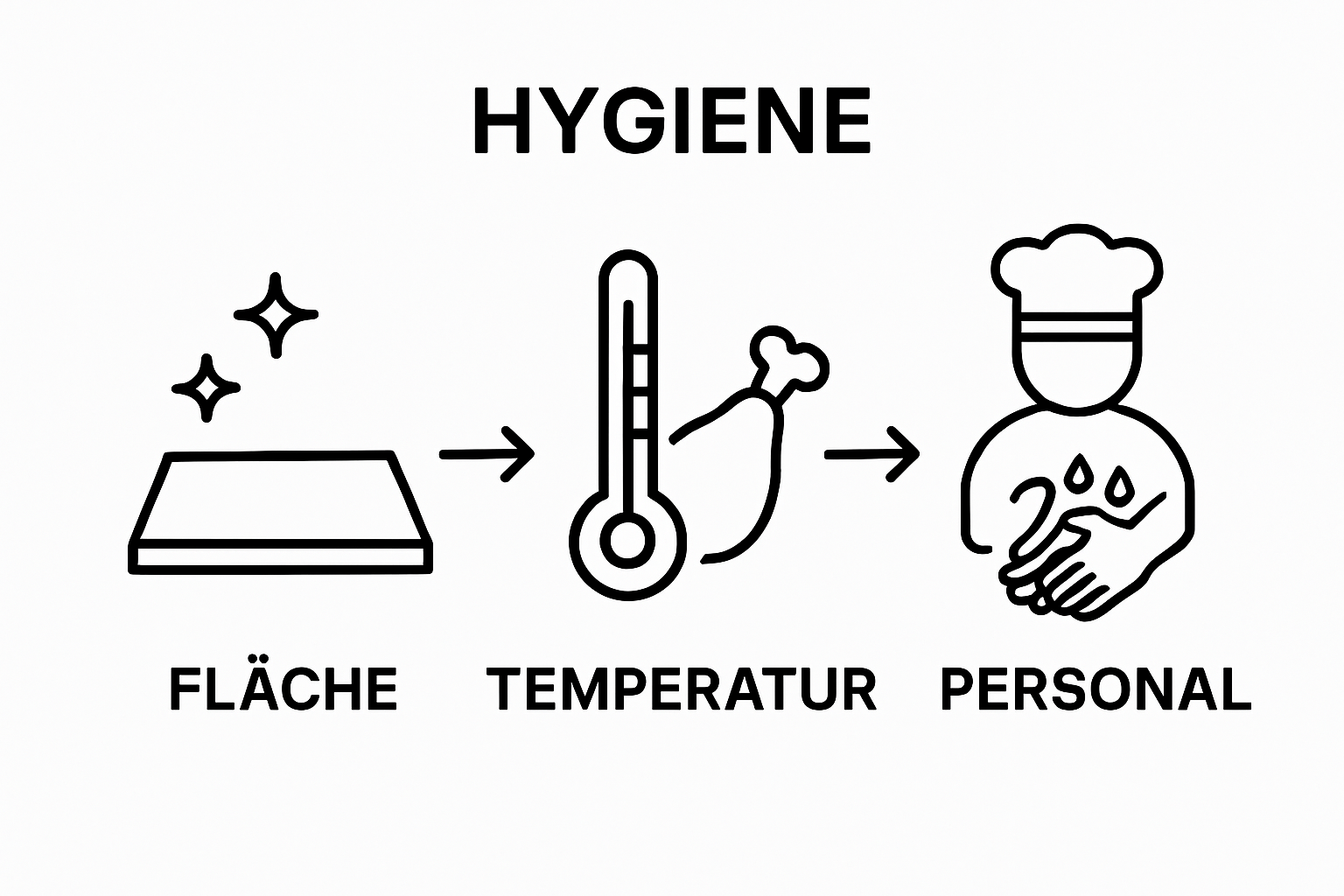 Drei Icons zeigen saubere Arbeitsfläche, Temperaturkontrolle und Händewaschen
