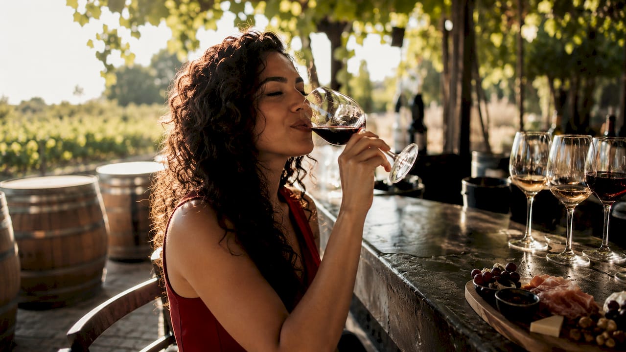 Woman enjoying wine tasting at vineyard outdoor table