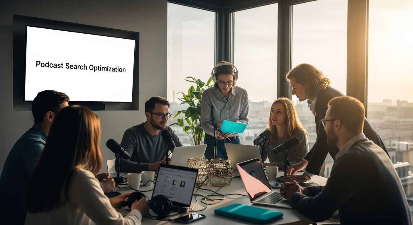 people in a podcast search optimization meeting room