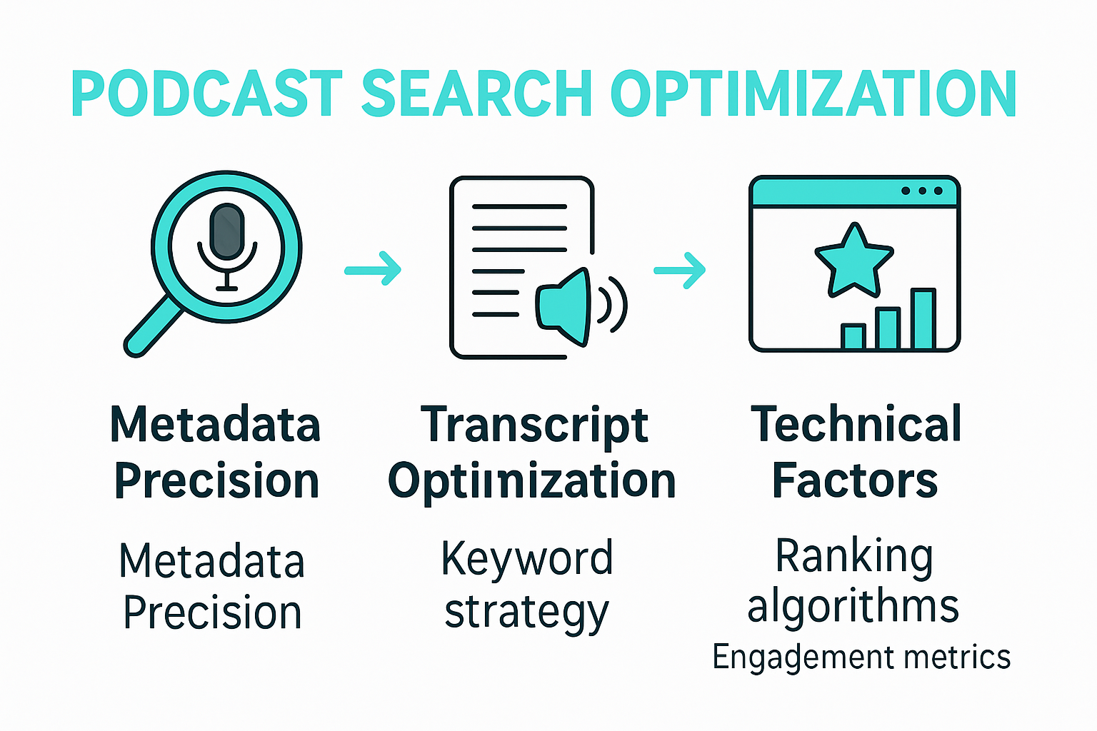 Infographic showing podcast search optimization process and components