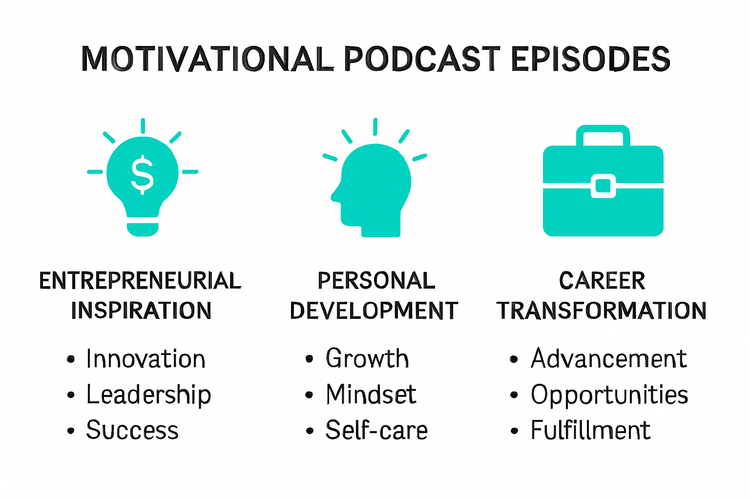 Infographic showing motivational podcast episode categories and benefits