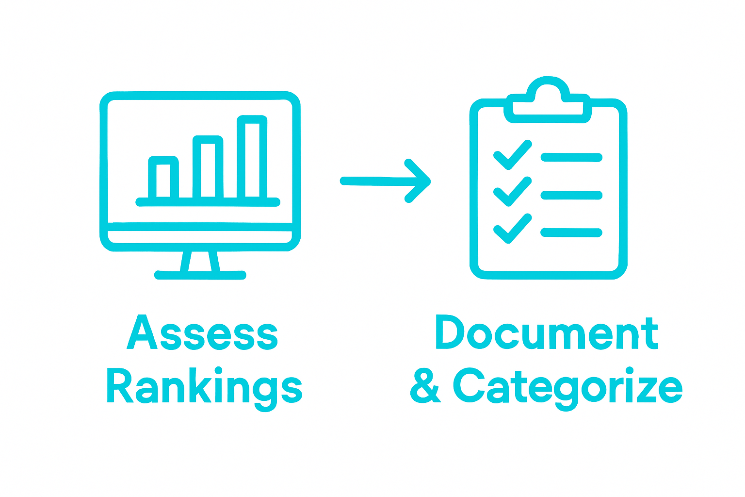 Simple infographic showing steps to analyze and document keyword rankings.