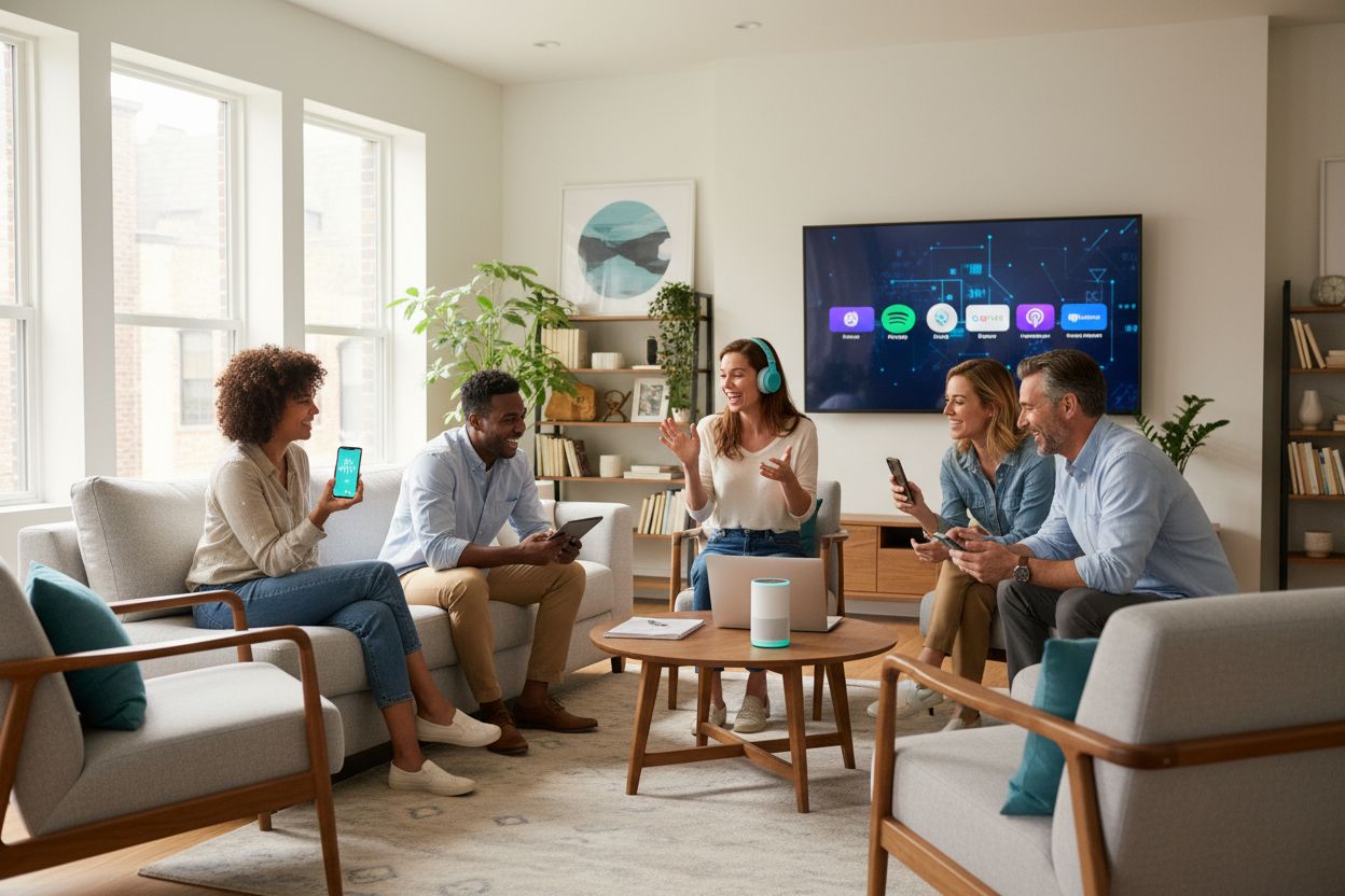 podcast listening platforms, group interaction, modern living room