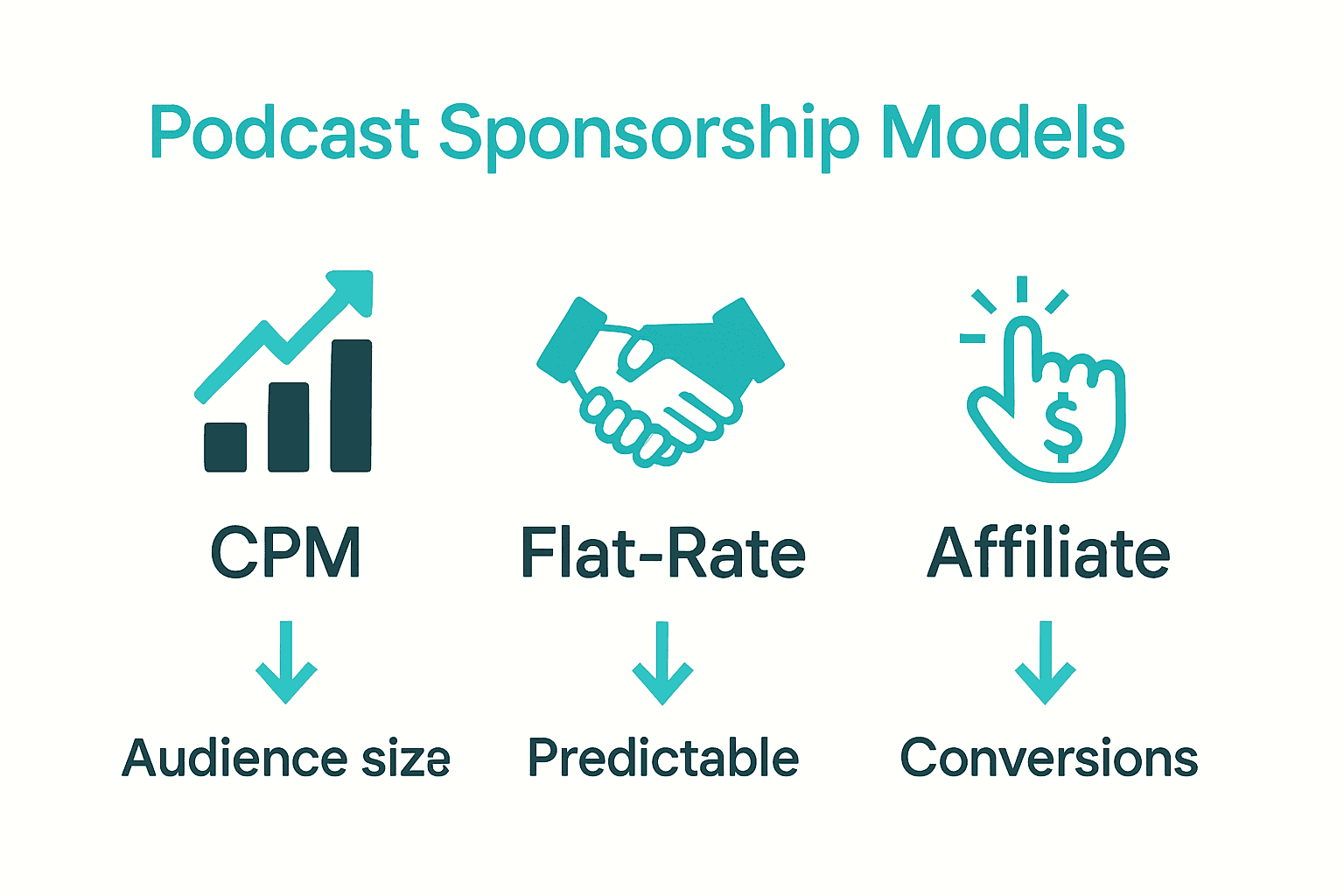 Infographic comparing CPM, Flat-Rate, and Affiliate podcast sponsorship models.