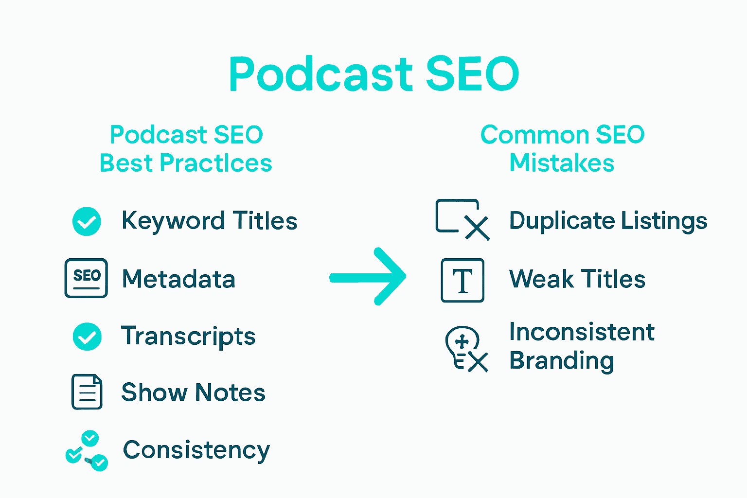 Infographic comparing podcast SEO best practices and common mistakes.