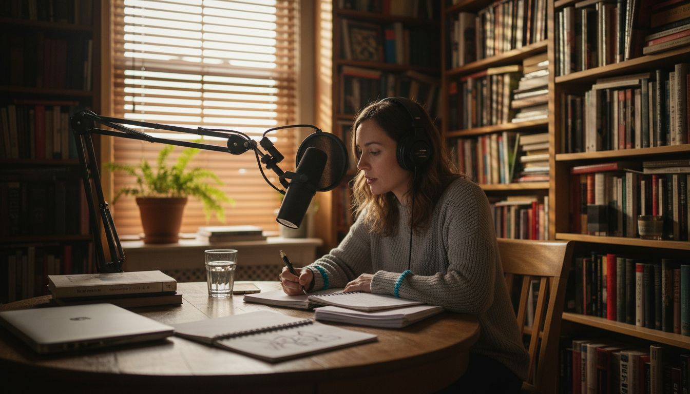 Podcast host in study recording product ad