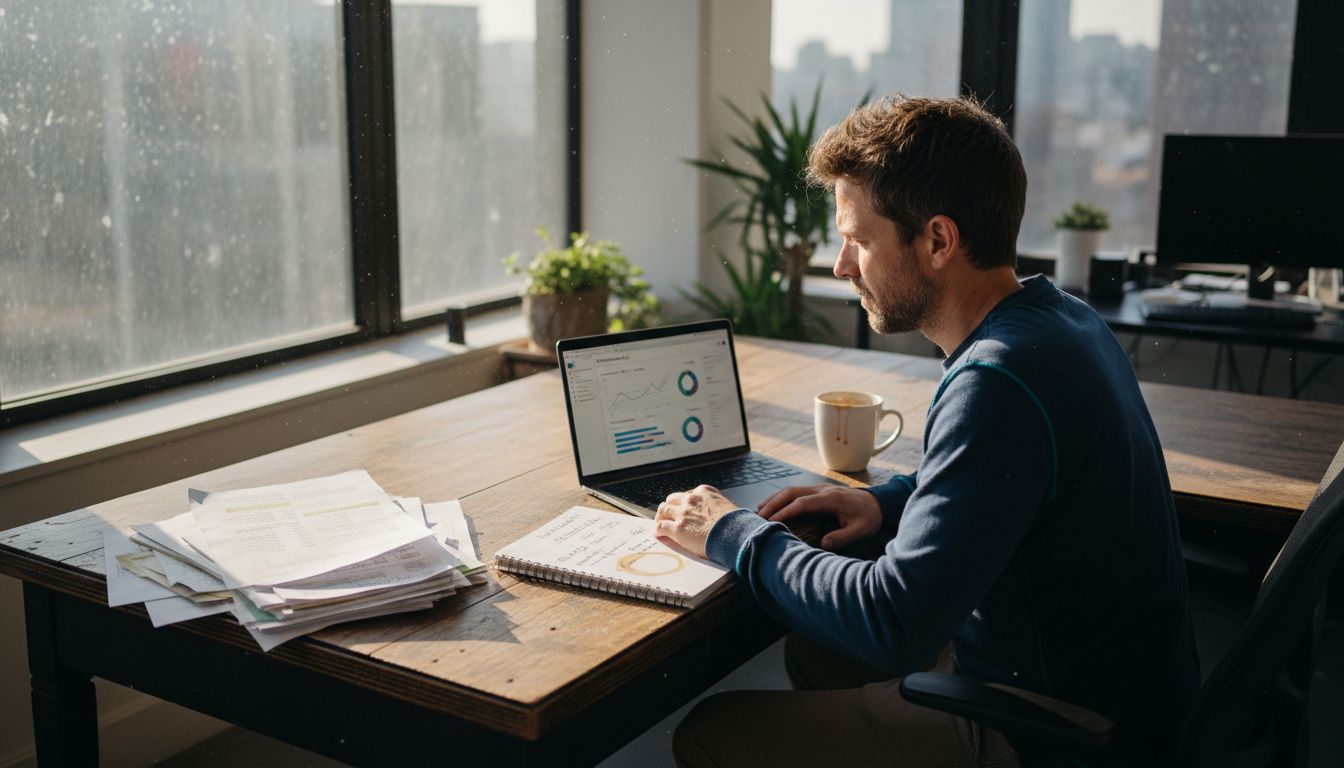 Podcaster reviews analytics at office workspace