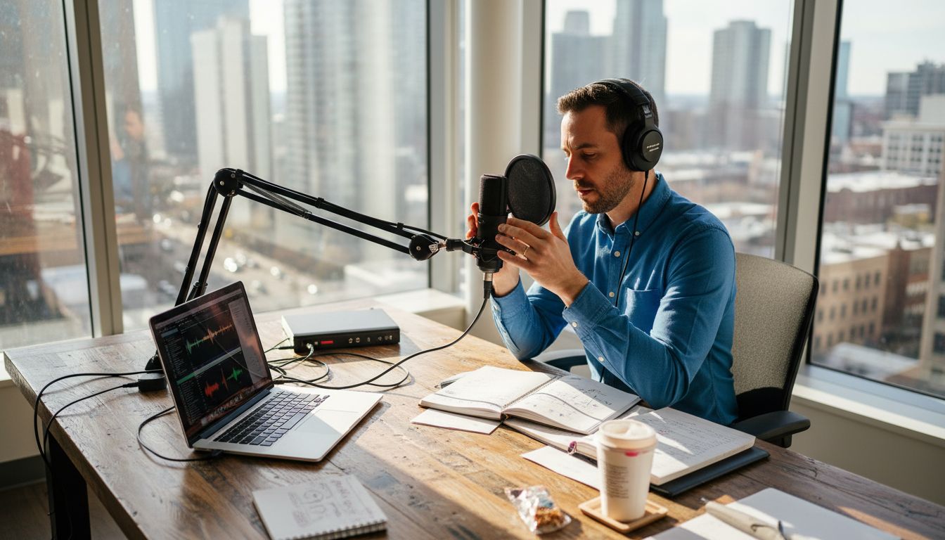 Podcaster recording in bright office workspace