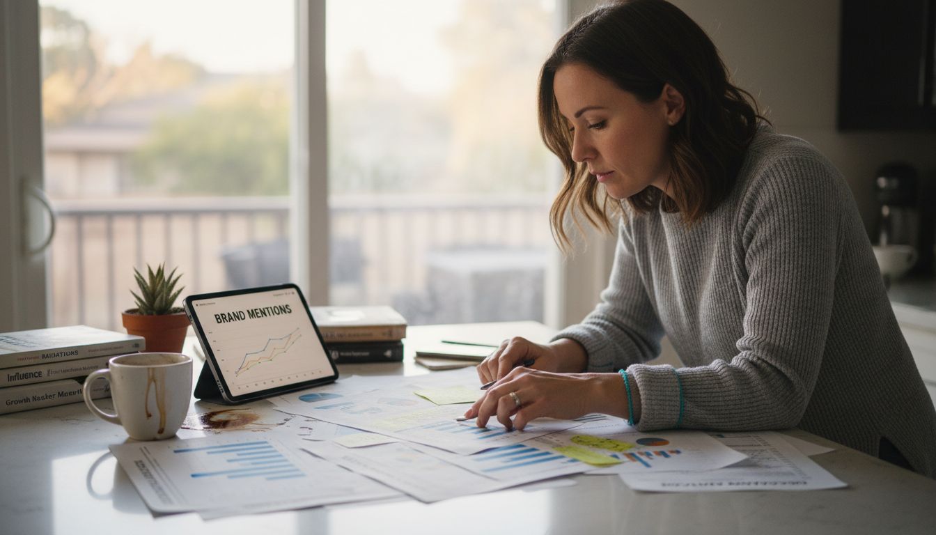 Woman reviewing podcast analytics paperwork