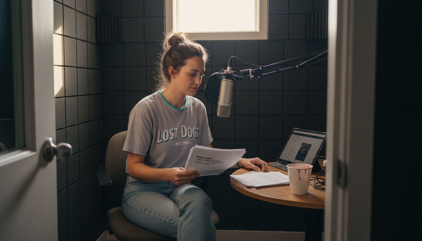 Podcast host reading ad copy in booth