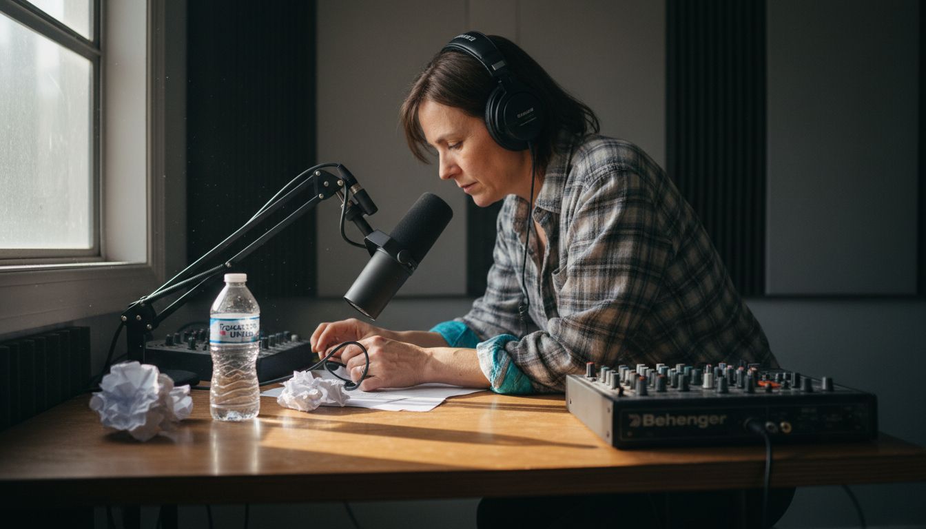 Engineer setting up podcast recording equipment