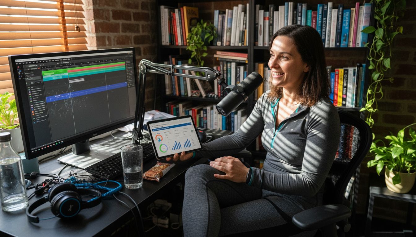 Podcaster in home studio with health and fitness setup