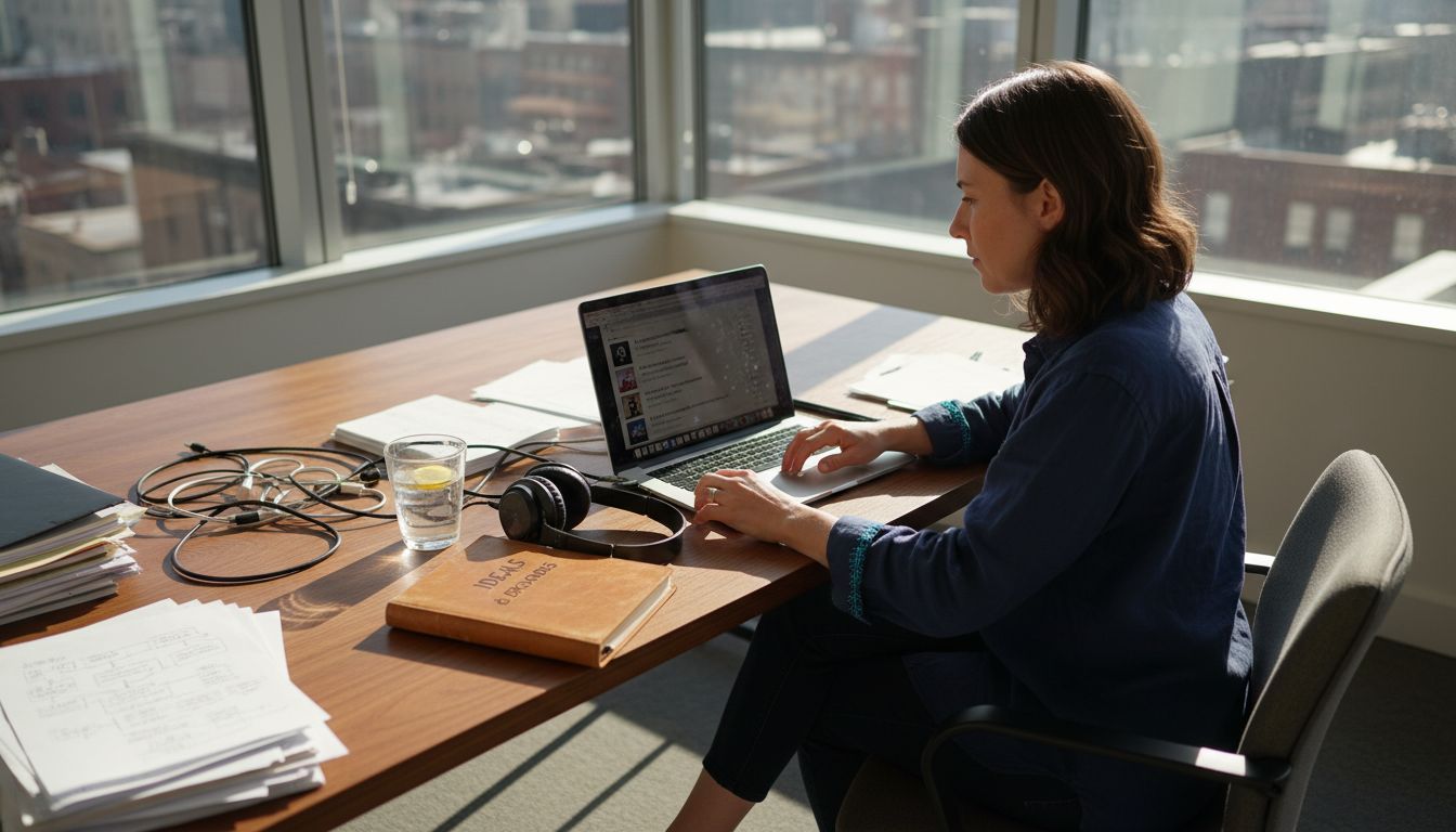 Person browsing podcasts for product insights at desk