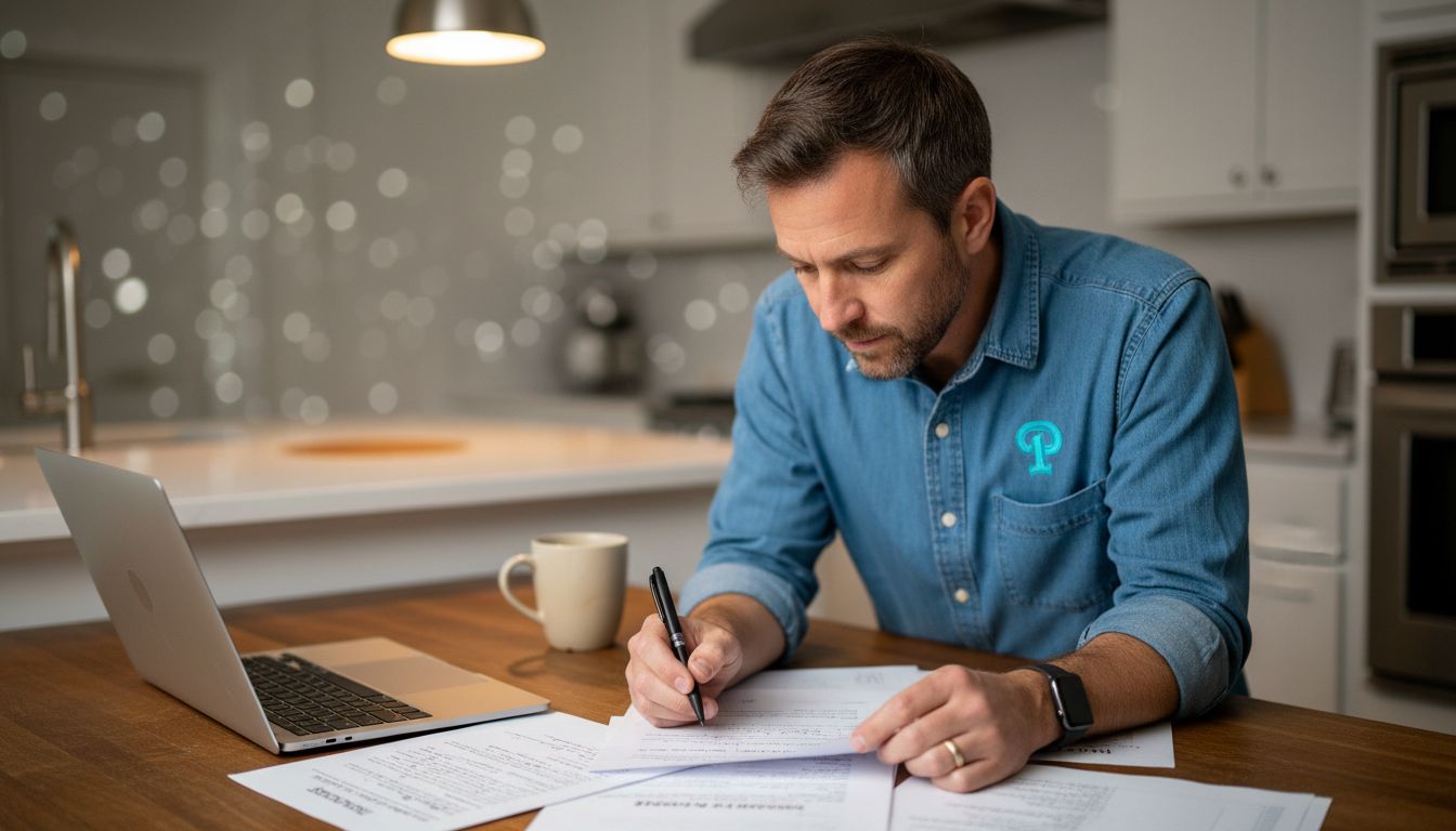 Man comparing podcast transcripts and handwritten notes