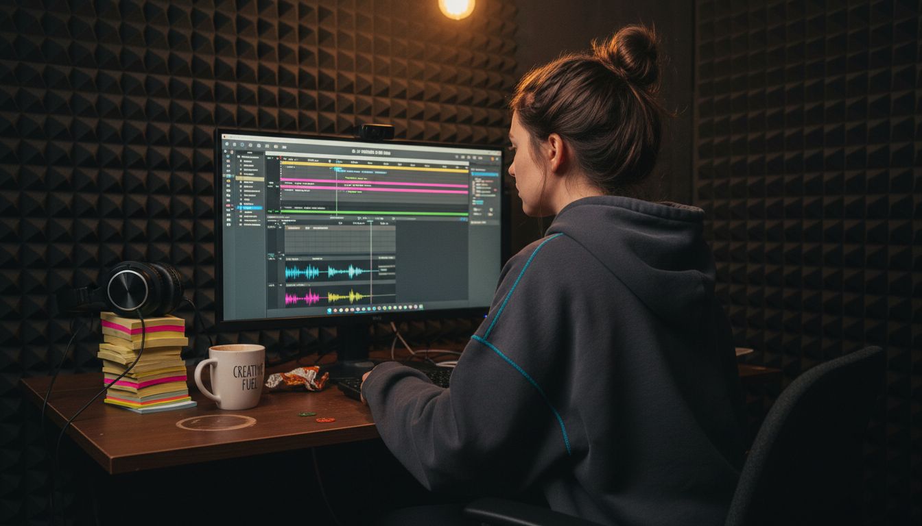 Woman editing podcast audio in home studio