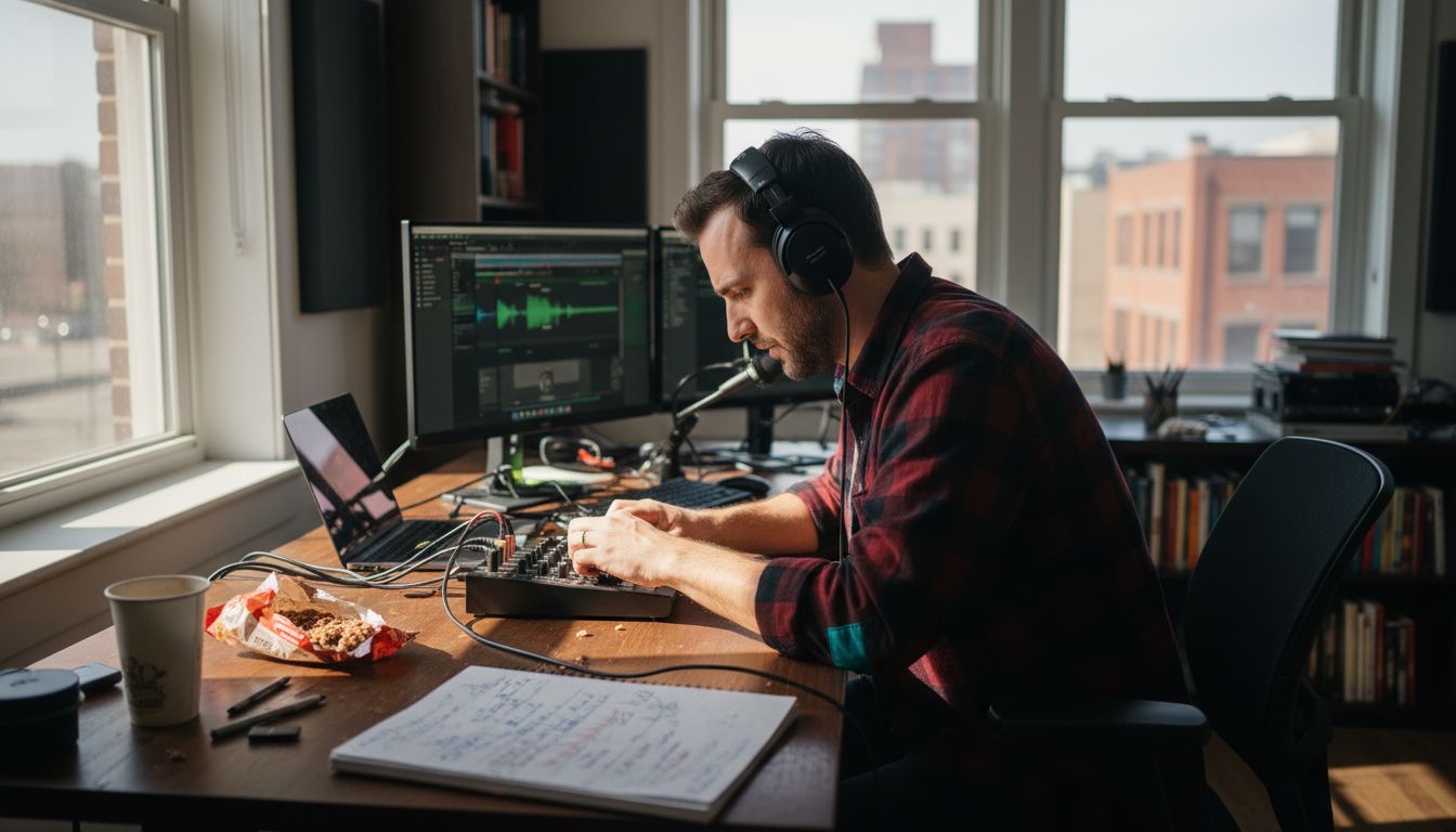 Podcast producer adjusting audio mixer in studio