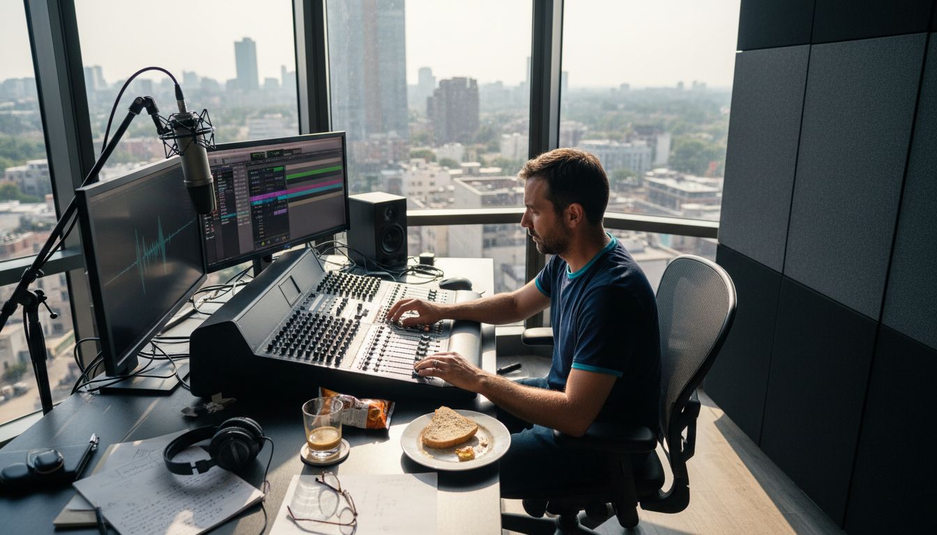 Audio producer managing podcast workspace