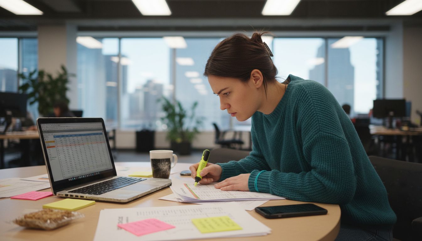 Marketing analyst reviewing podcast ad reports