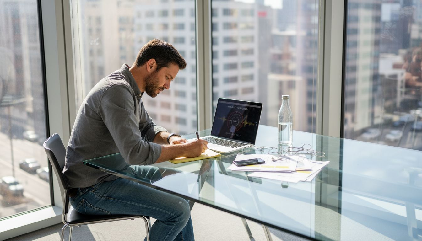 Strategist working on podcast marketing in office