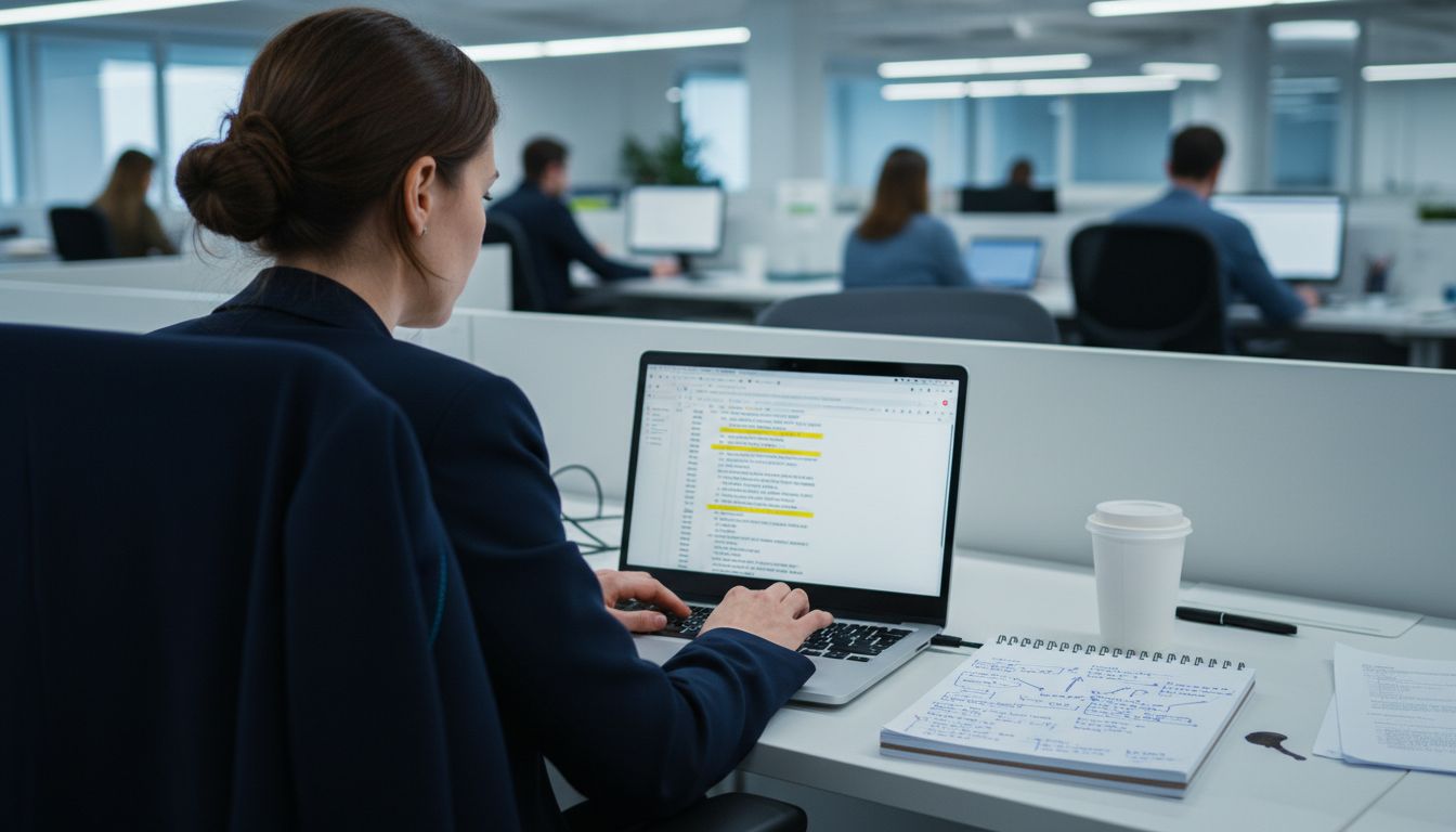 Analyst reviewing podcast transcripts for trends