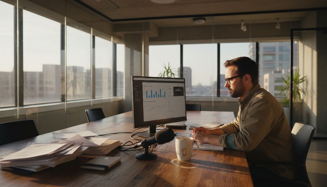 Man reviewing podcast analytics on desktop