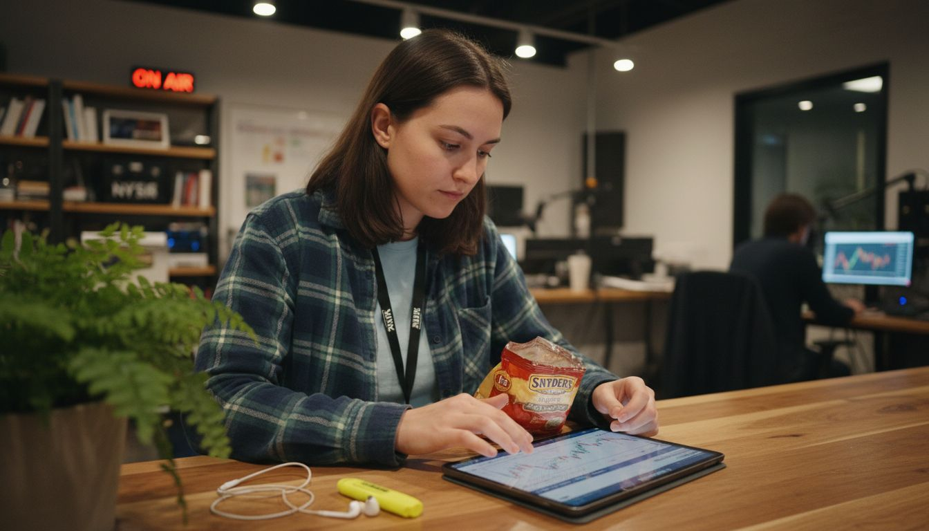 Analyst reviews podcast data in studio office