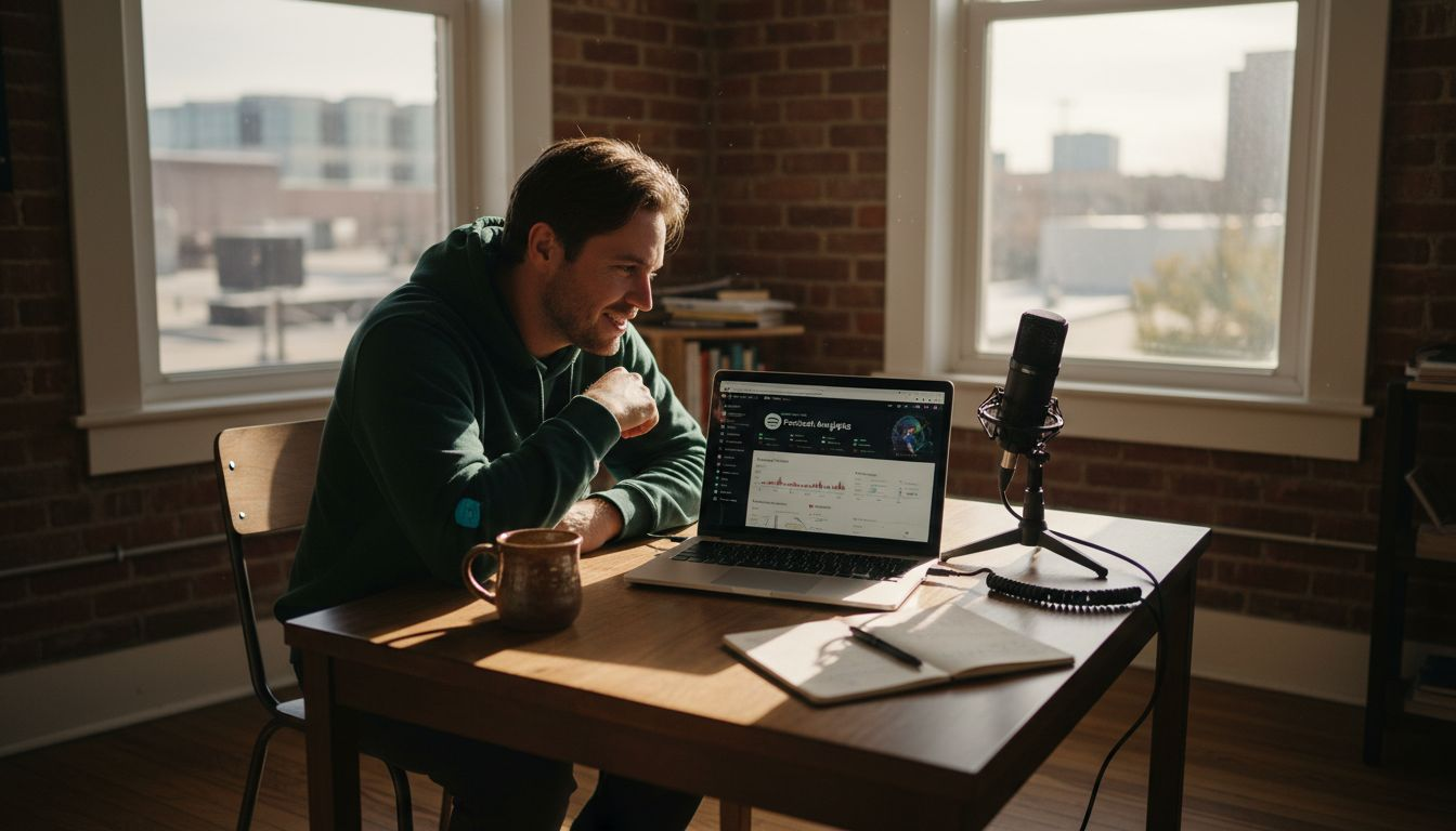 Podcast host checking Spotify analytics workspace