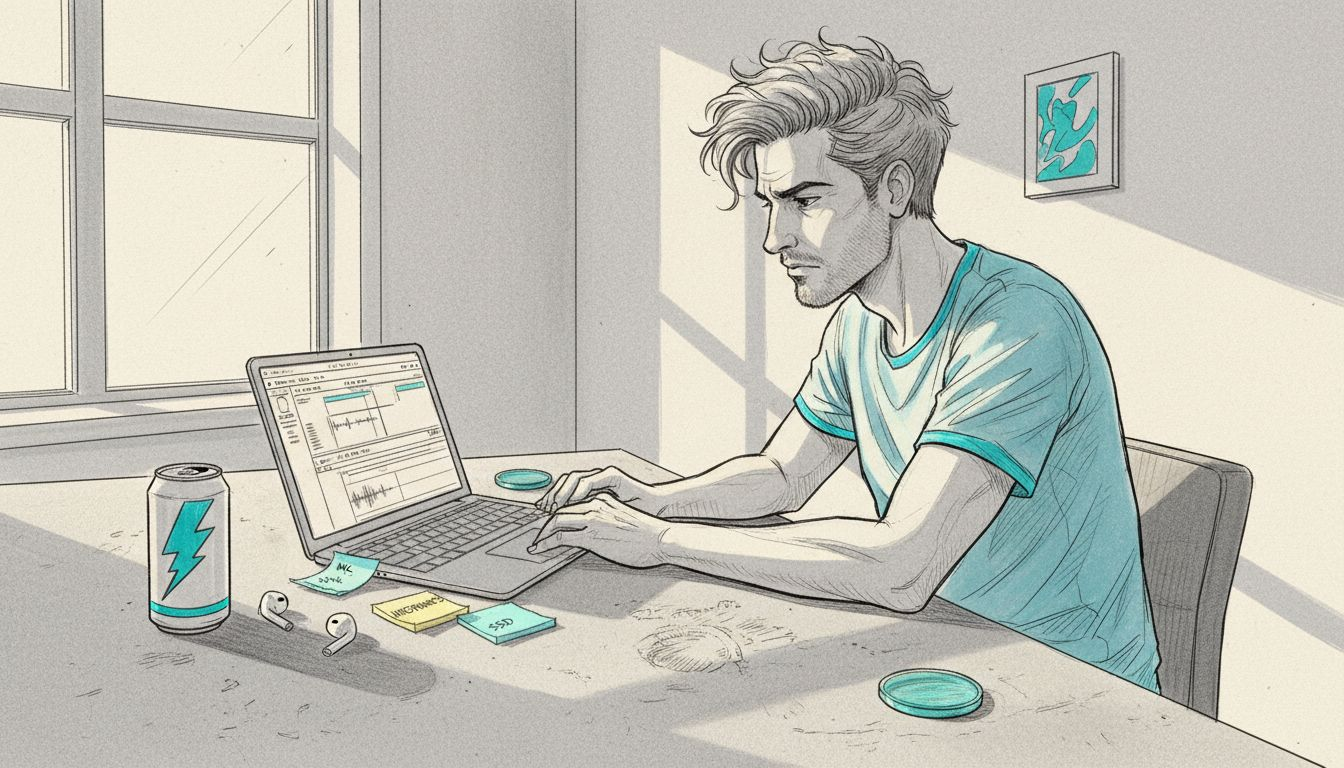 Man edits tech podcast with product notes