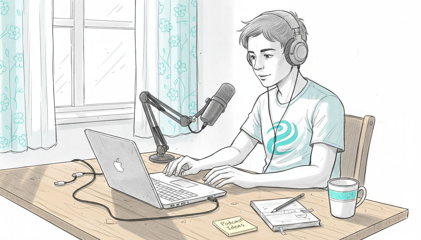 Teen setting up basic podcast microphone