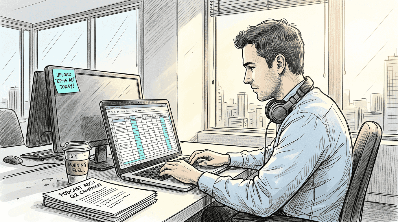 Marketer uploads podcast ad segments in office