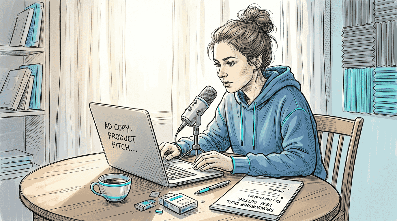 Woman recording host-read ad in home podcast studio