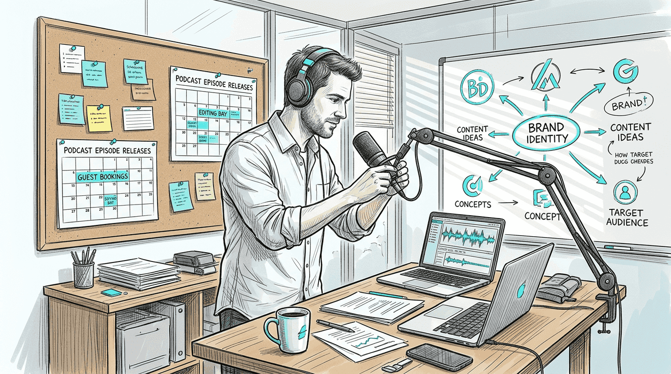 Man adjusts podcast mic in office workspace