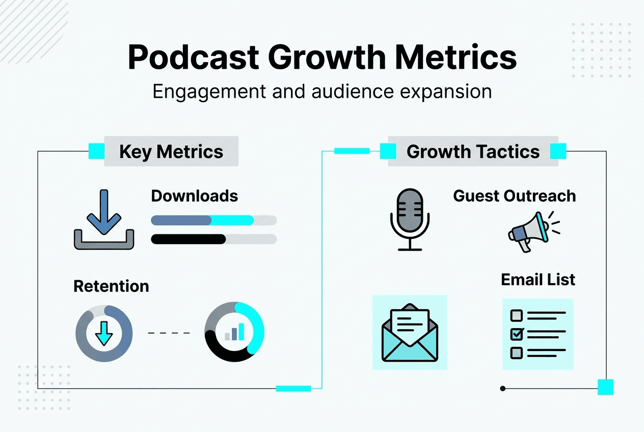 Infographic showing podcast growth metrics and tactics
