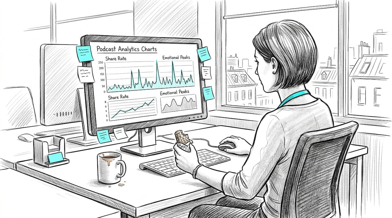 Marketer reviewing podcast analytics dashboard