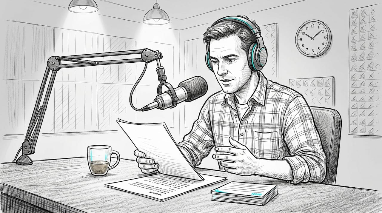 Podcast host recording host-read ad script