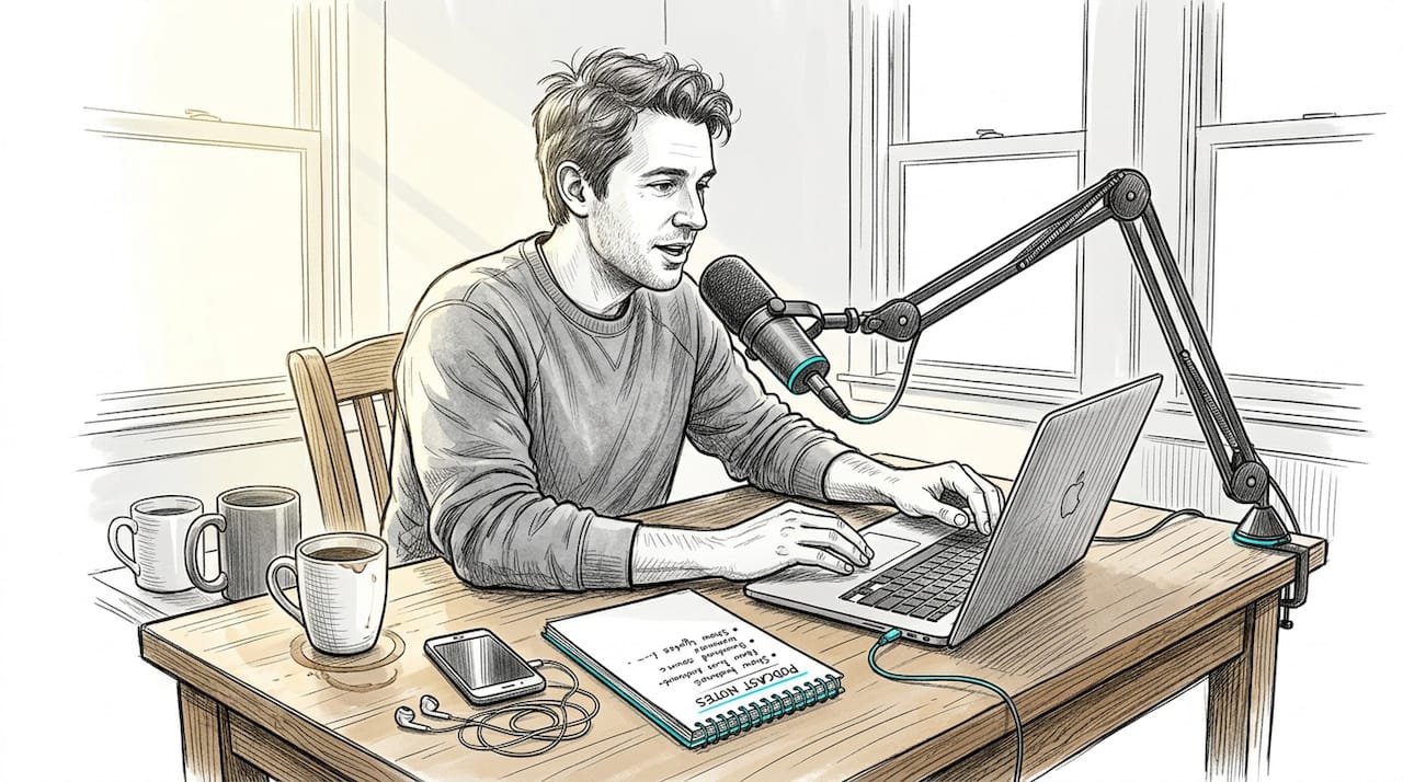 Man recording podcast in home office
