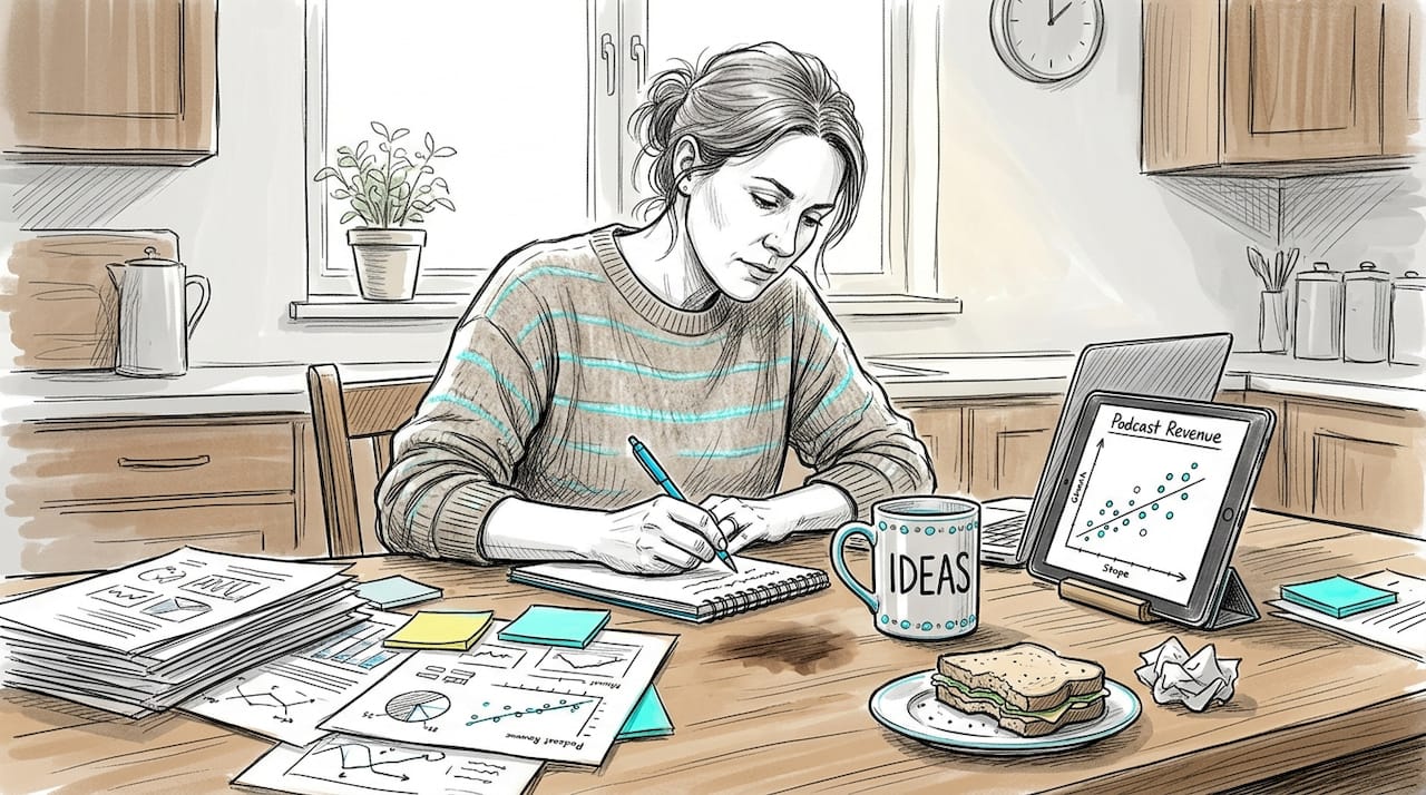 Woman brainstorming monetization for podcasts