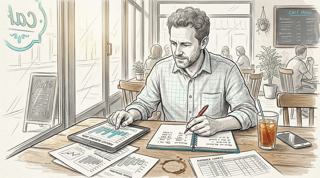 Man analyzing podcast audience data in café