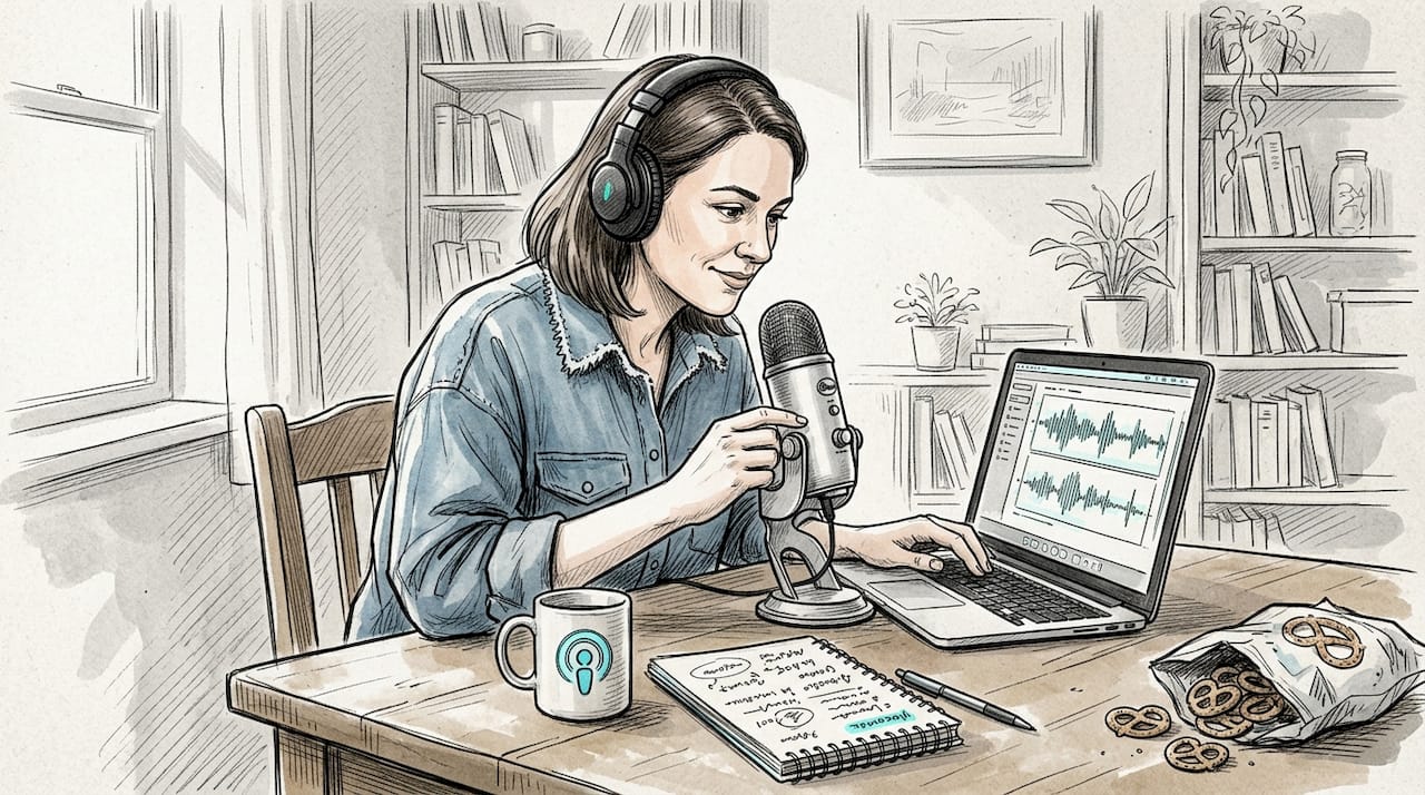 Podcast host at home adjusting microphone