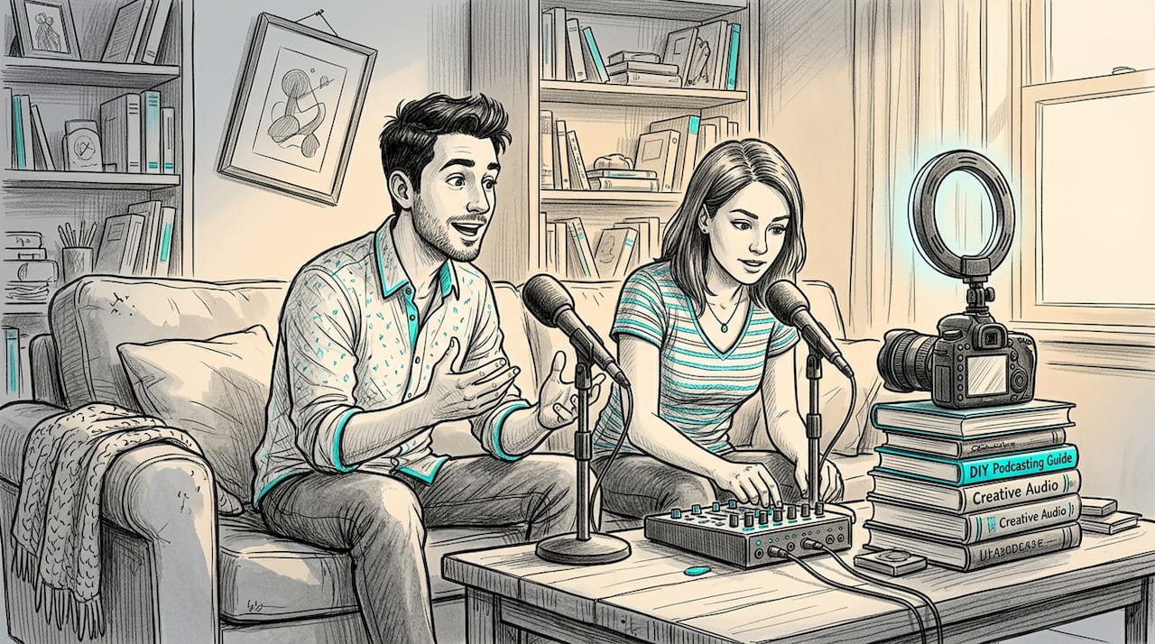 Two people recording video podcast in living room