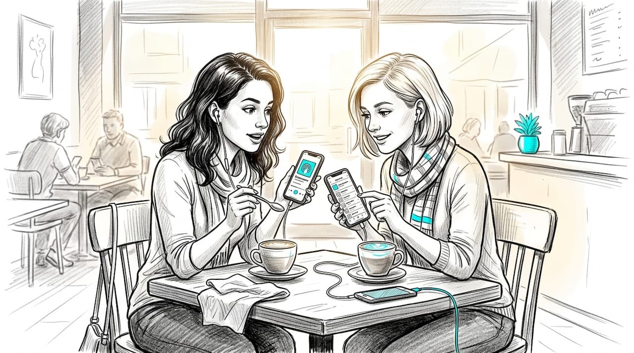 Friends chat about podcasts in café