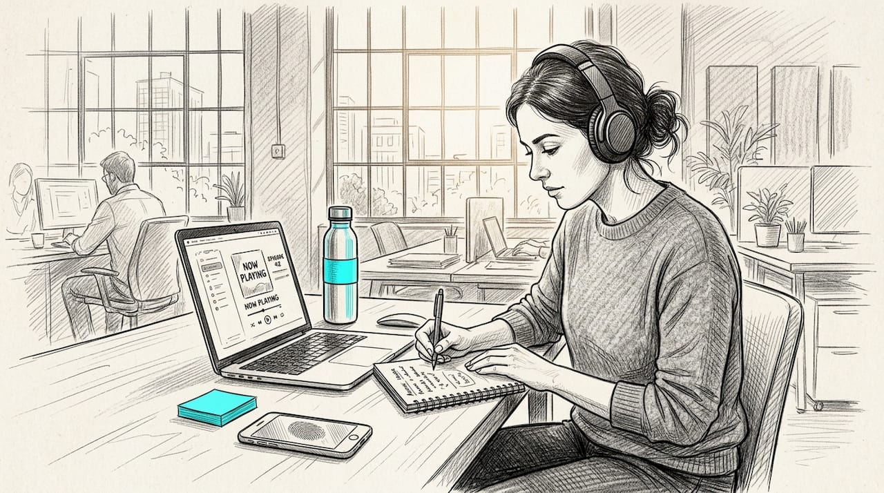 Woman taking podcast notes in workspace