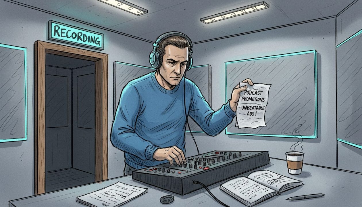 Podcast host reading ad copy in studio