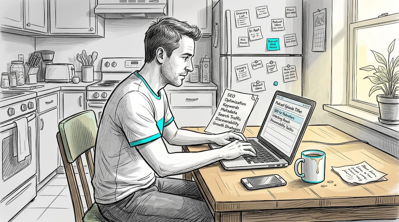 Man optimizes podcast metadata at kitchen table