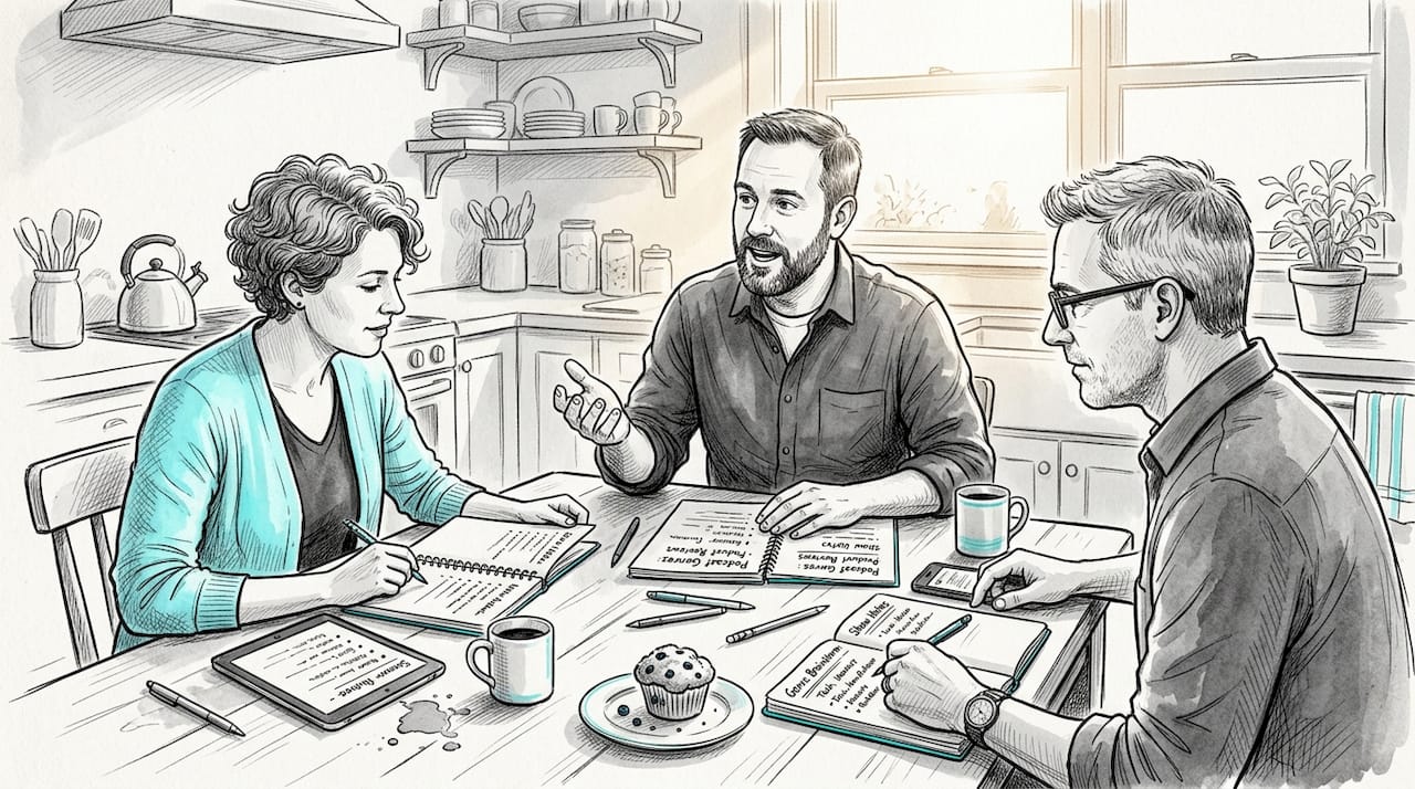 Group discusses podcast genres at table