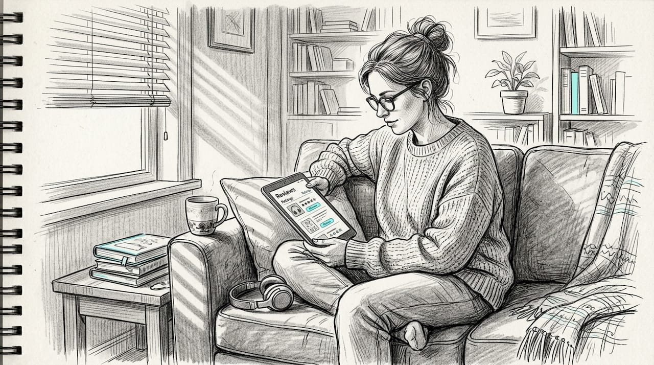 Woman reading podcast reviews on tablet