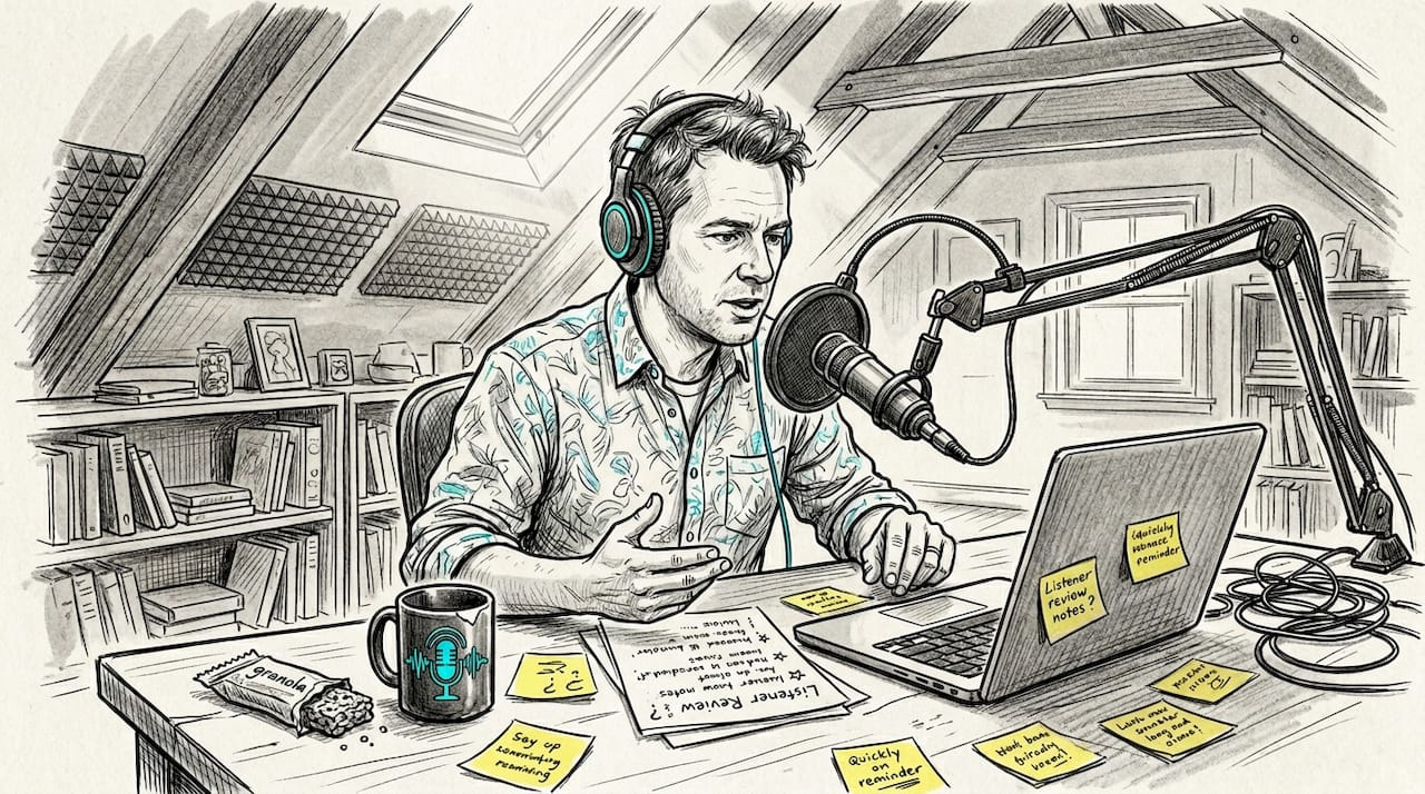 Podcast host referencing handwritten reviews