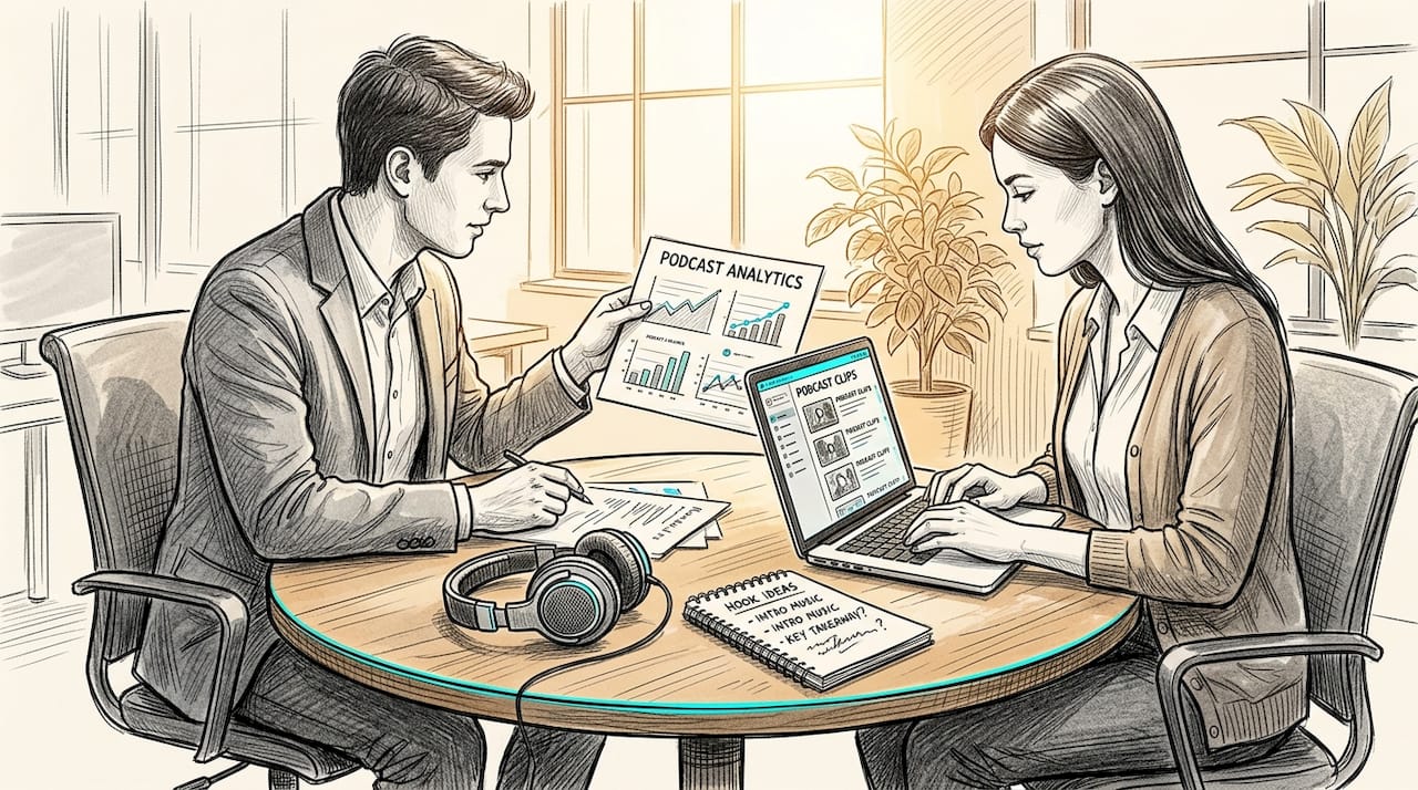 Team collaborating on podcast analytics discussion