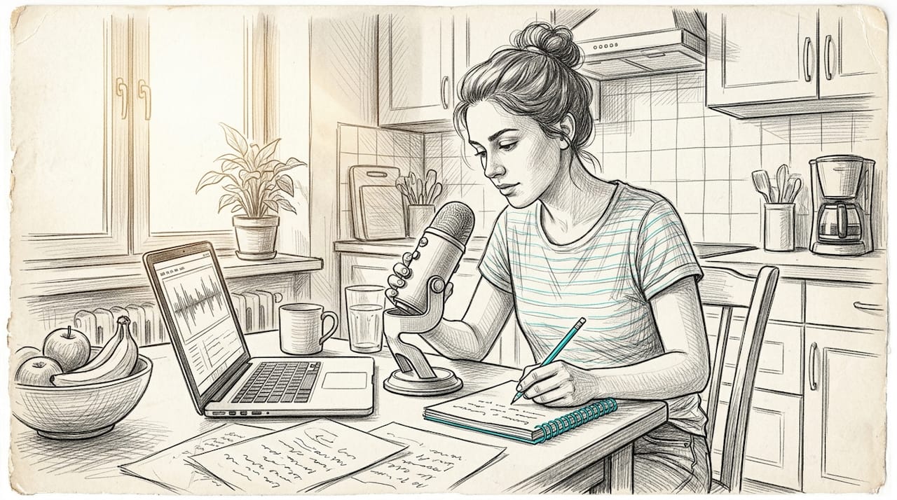 Podcast host records episode at kitchen table