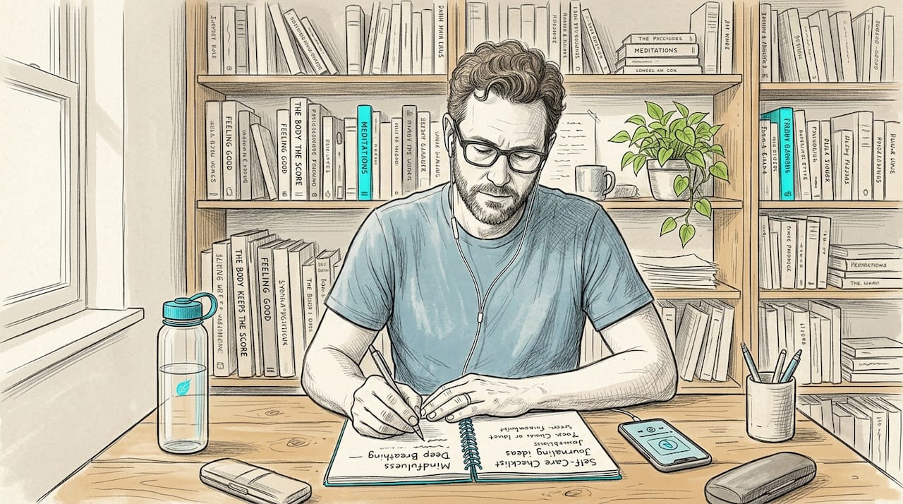 Man taking notes from mental health podcast